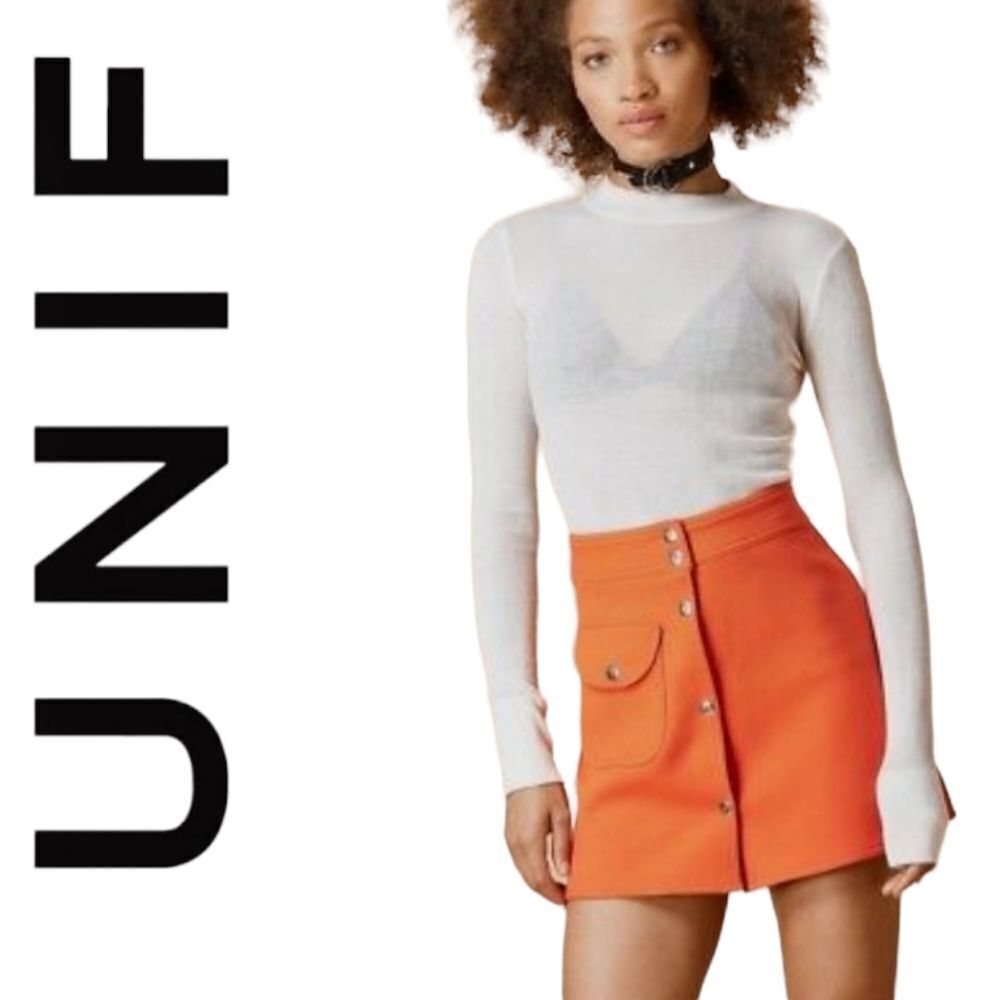 UNIF | HIGH RISE ORANGE RED BUTTON FRONT VALEN MINI SKIRT FAUX WOOL SMALL - Picture 1 of 16